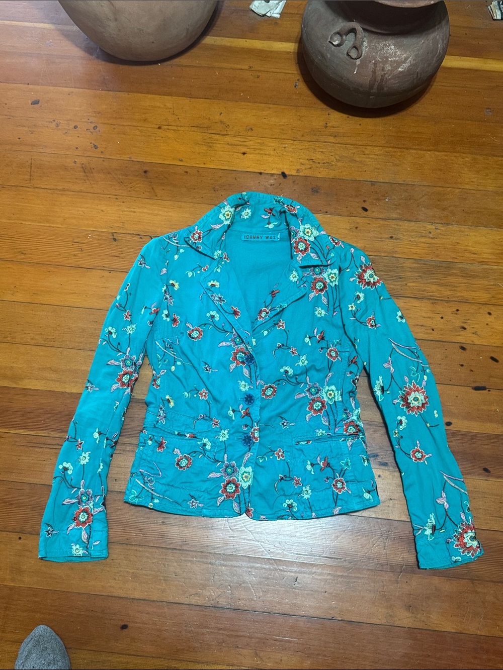 Johnny Was Turquoise Floral Embroidered Blazer Jacket
